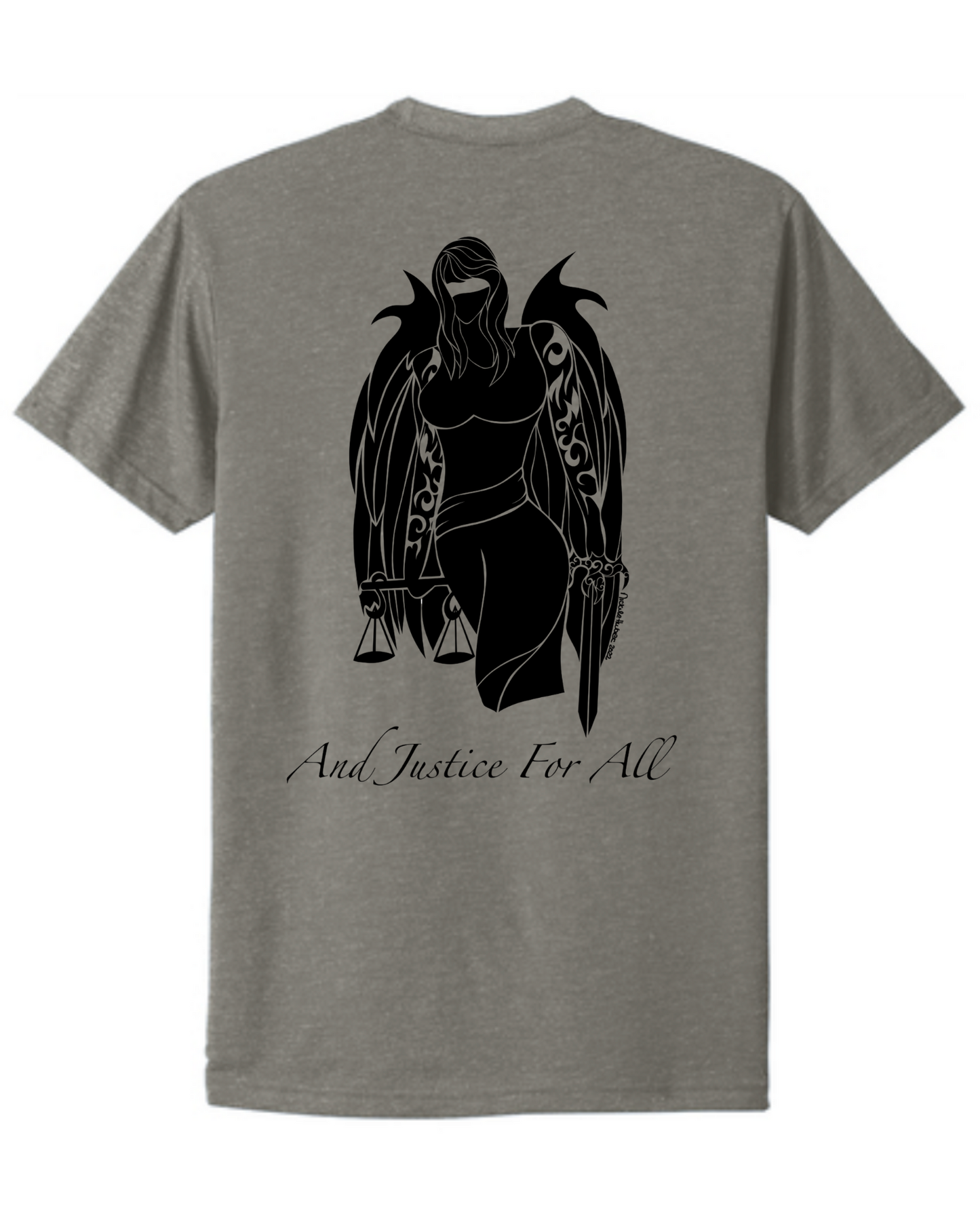 Hand-drawn Blindfolded Angel with scales and sword. "And Justice for All" written below Angel - American Flag on right shoulder