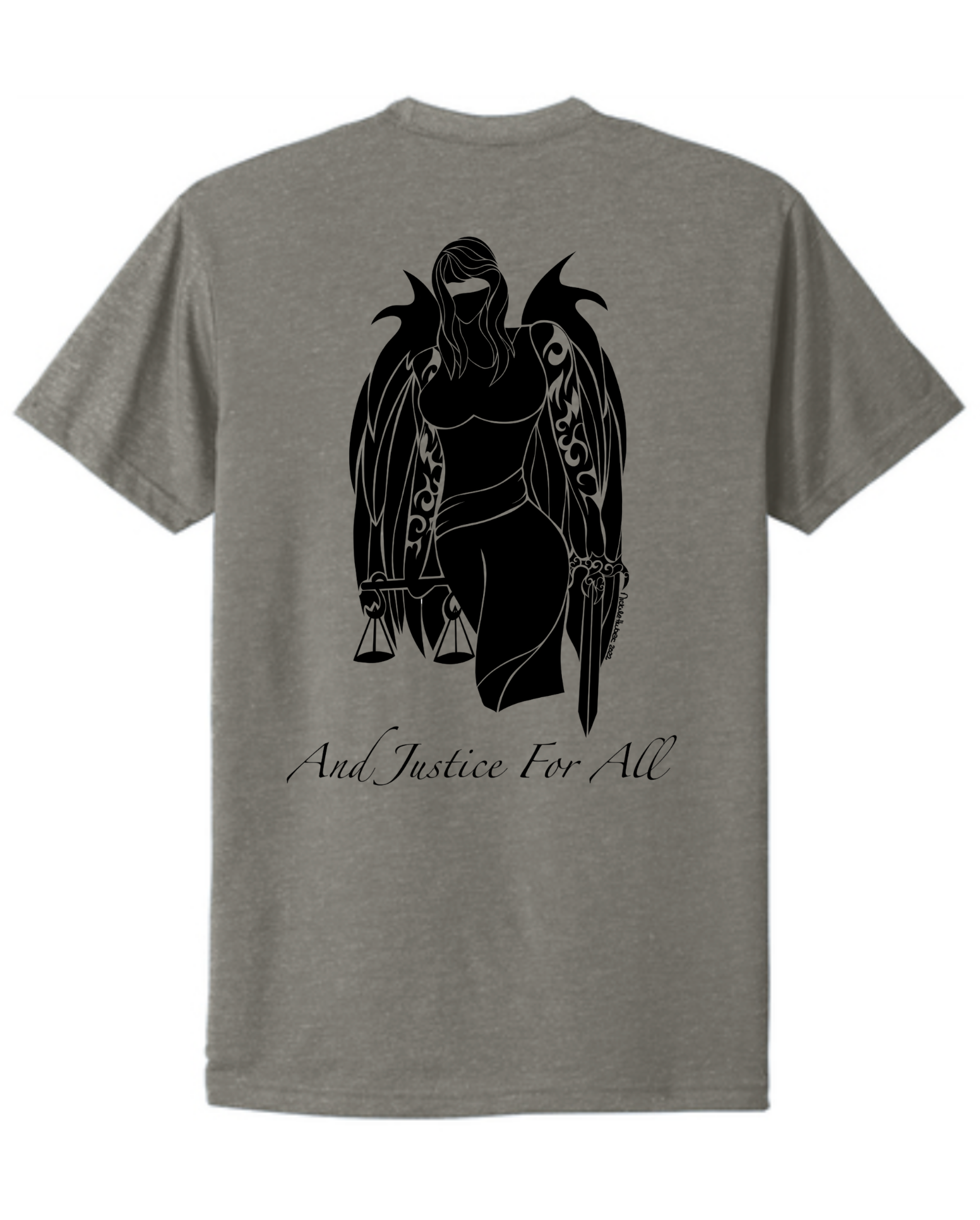 Hand-drawn Blindfolded Angel with scales and sword. "And Justice for All" written below Angel - American Flag on right shoulder