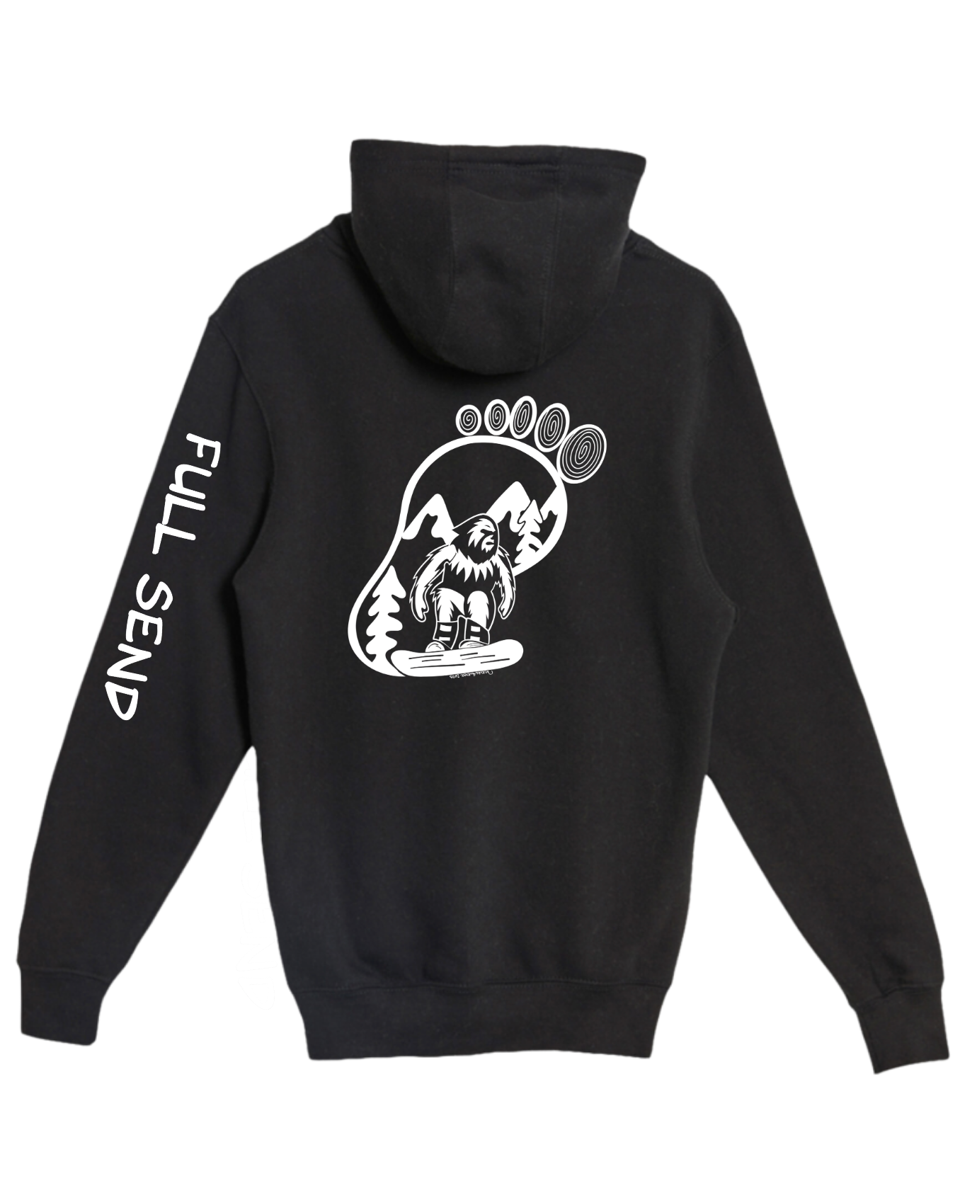 Bigfoot Snowboarder inside silhouette of big foot in white - Full Send down right sleeve