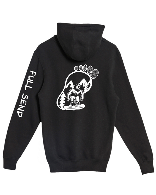Bigfoot Snowboarder inside silhouette of big foot in white - Full Send down right sleeve