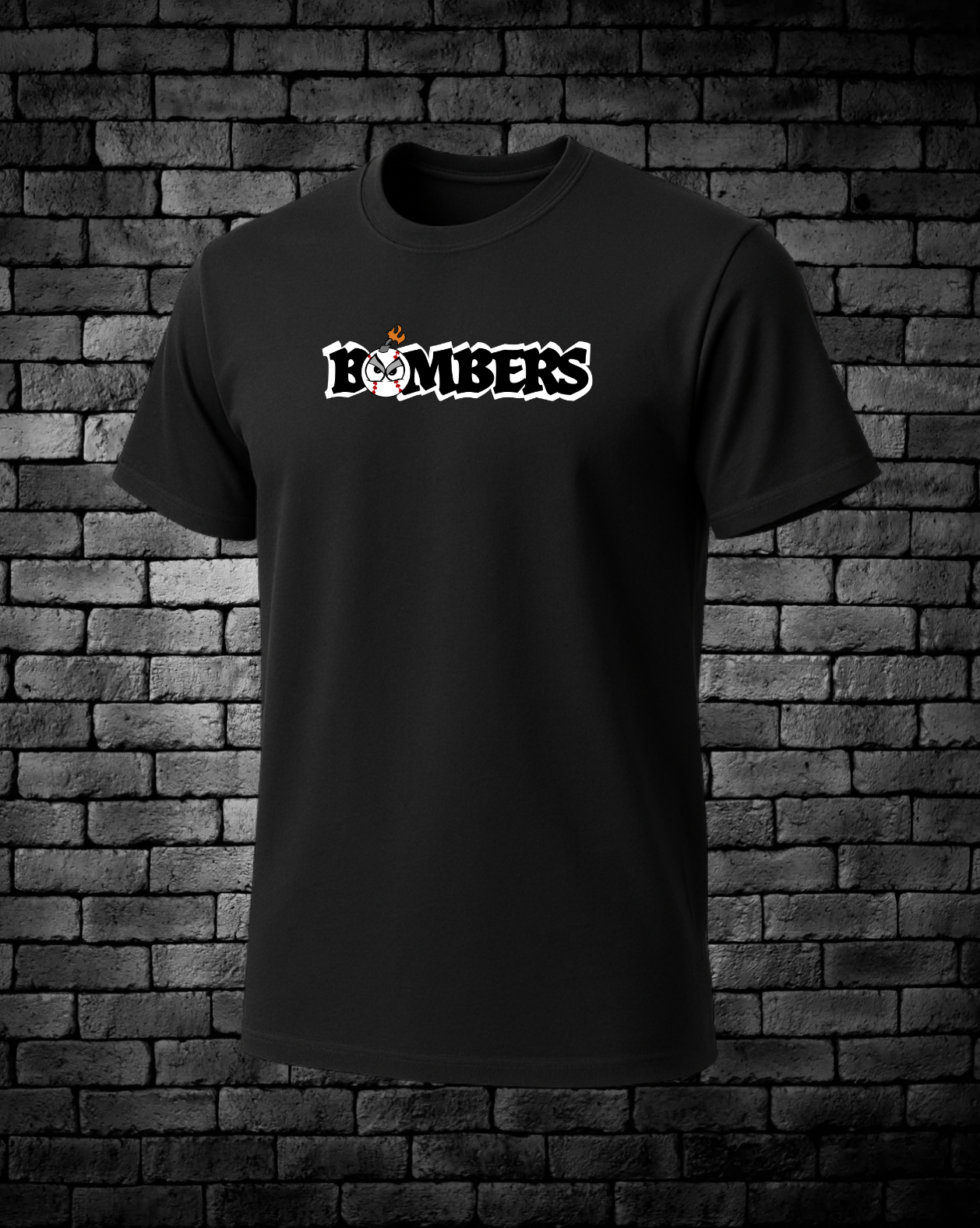 Black t-shirt with 'Bombers' logo against a brick wall background