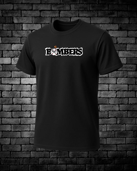 Black t-shirt with 'Bombers' logo against a brick wall background