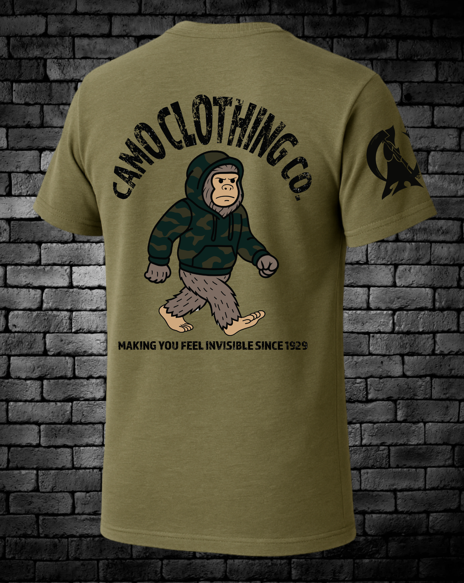 Camo Clothing Co Logo with Bigfoot wearing a camo hoodie in the center and "Making you feel invisible since 1929" under Bigfoot