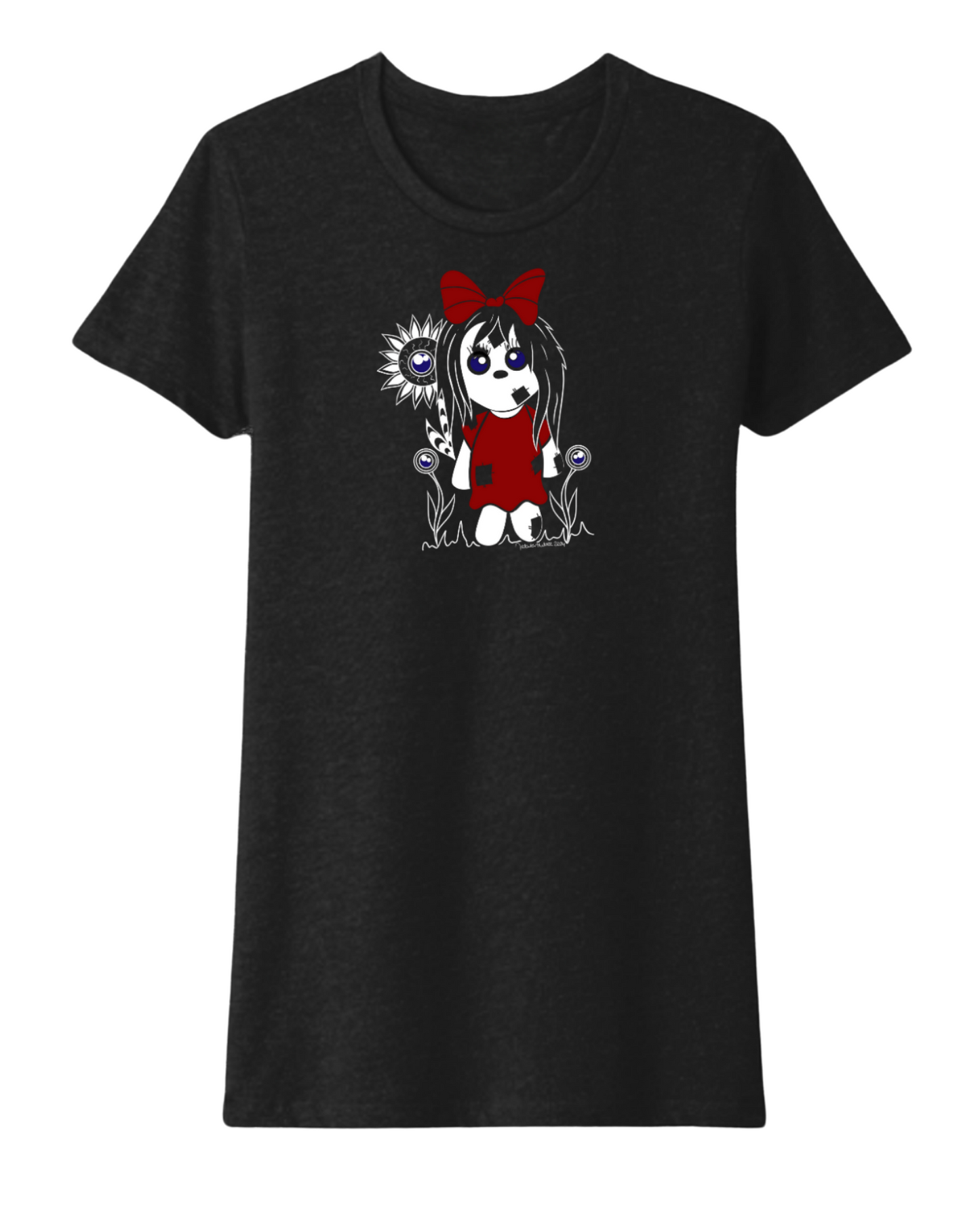 Hand-drawn Creepy Doll with flowers with eyes .. Colors: White, Blue & Red