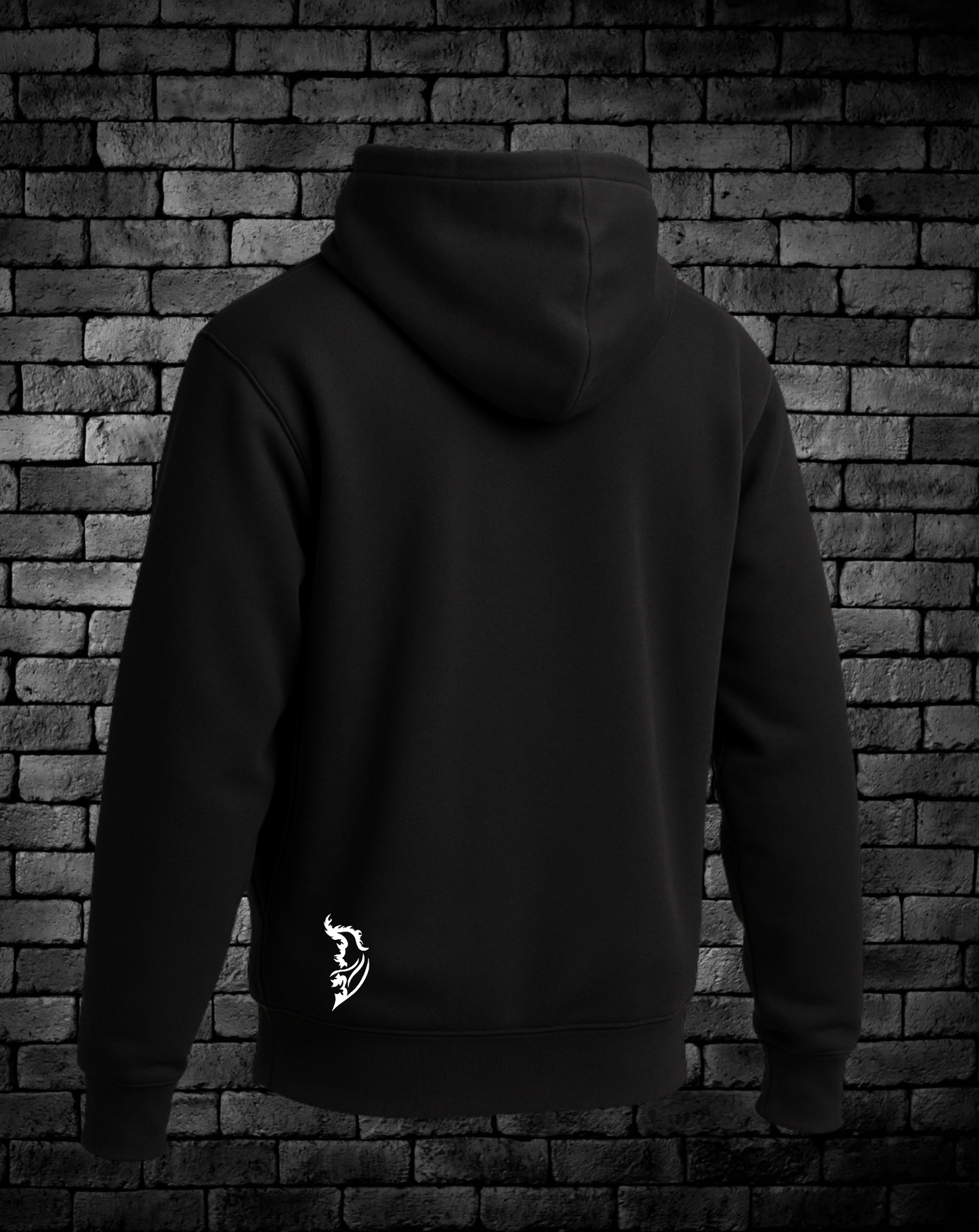 Black Hoodie with White Angel Wing logo on bottom back left