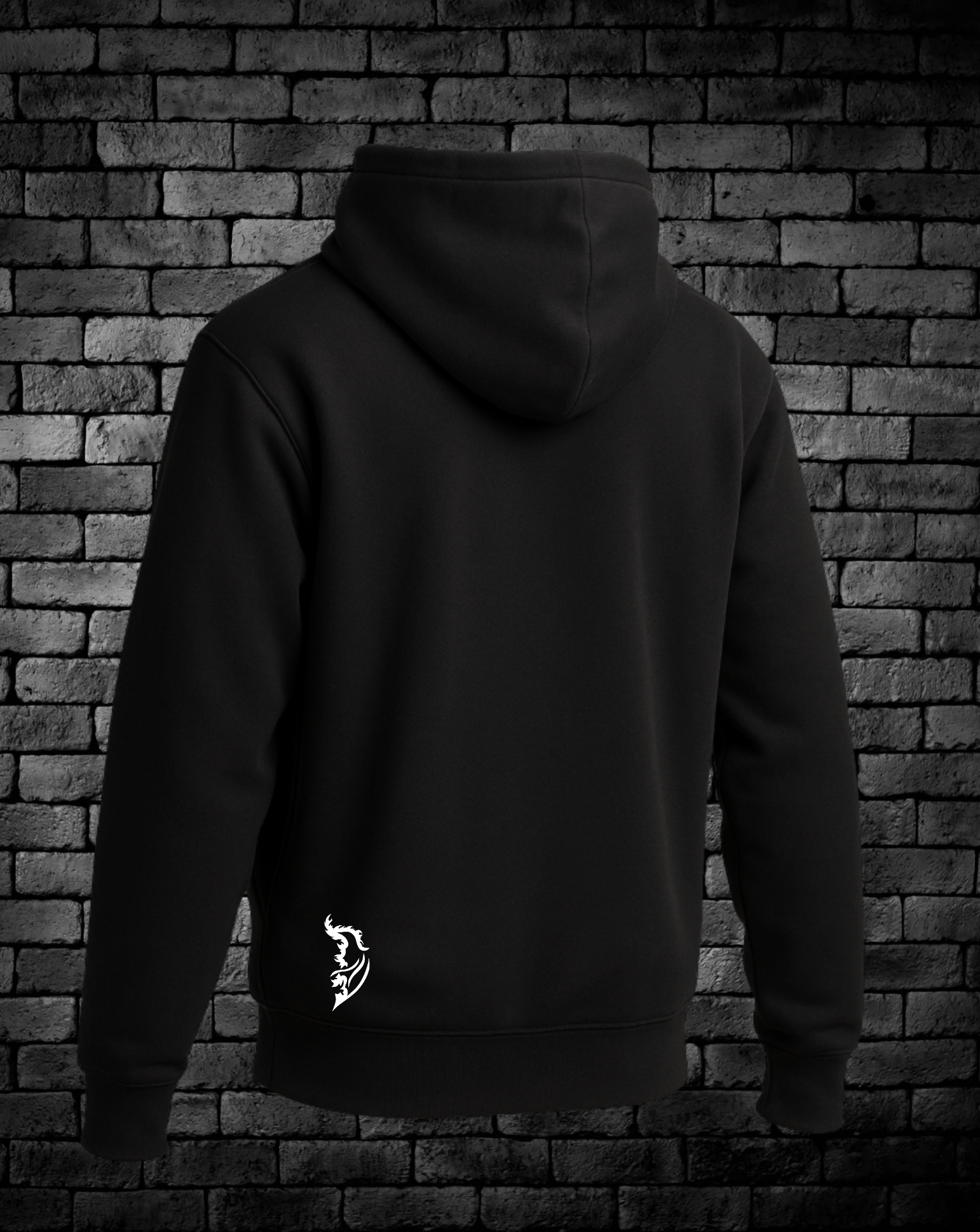 Black Hoodie with White Angel Wing logo on bottom back left