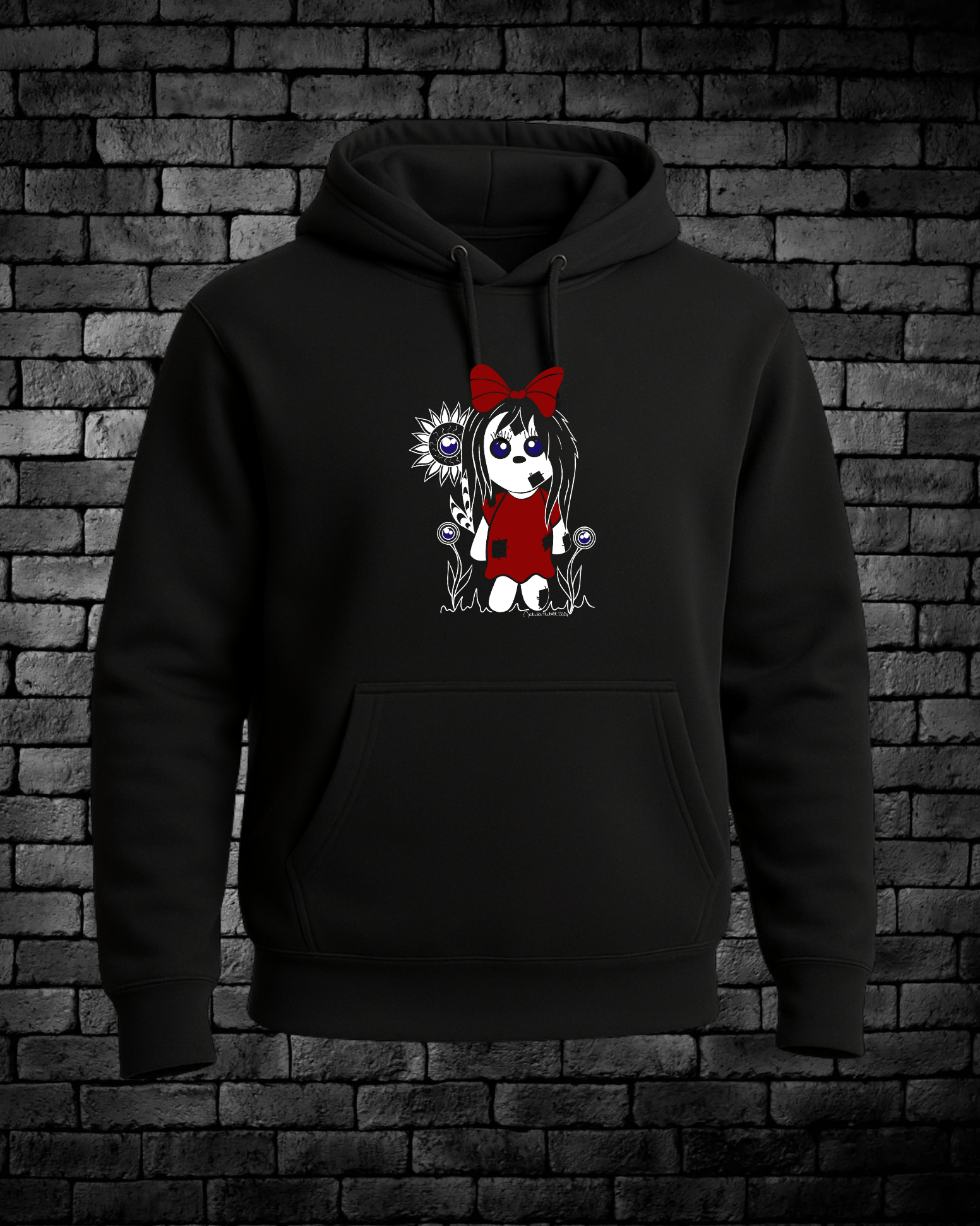 Black Hoodie with Hand-drawn Creepy Doll with red dress and bow with flowers made of eyes