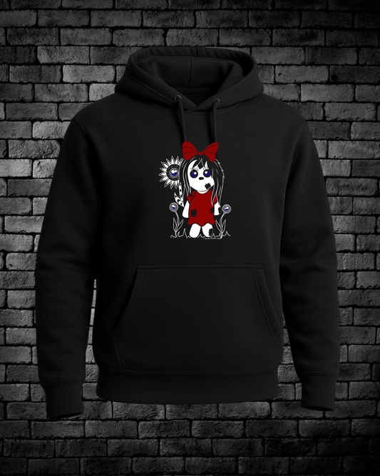 Black Hoodie with Hand-drawn Creepy Doll with red dress and bow with flowers made of eyes