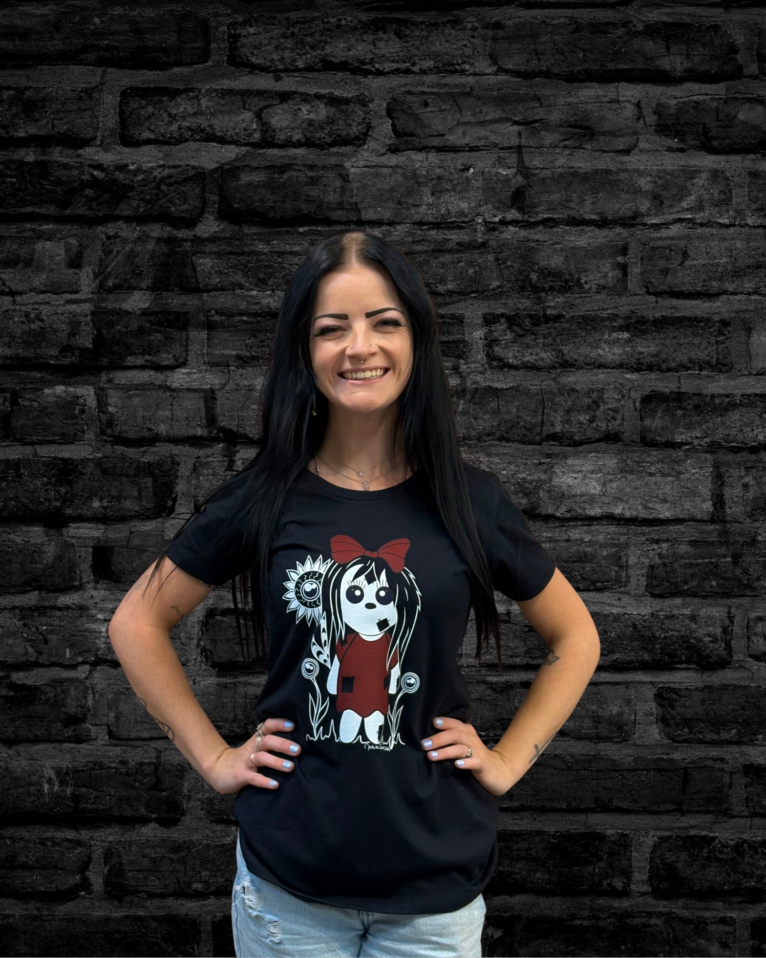 Hand-drawn Creepy Doll with flowers with eyes .. Colors: White, Blue & Red