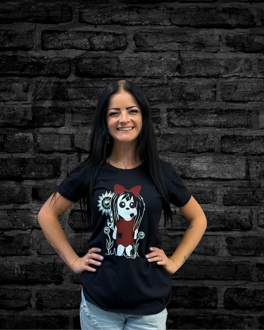 Hand-drawn Creepy Doll with flowers with eyes .. Colors: White, Blue & Red