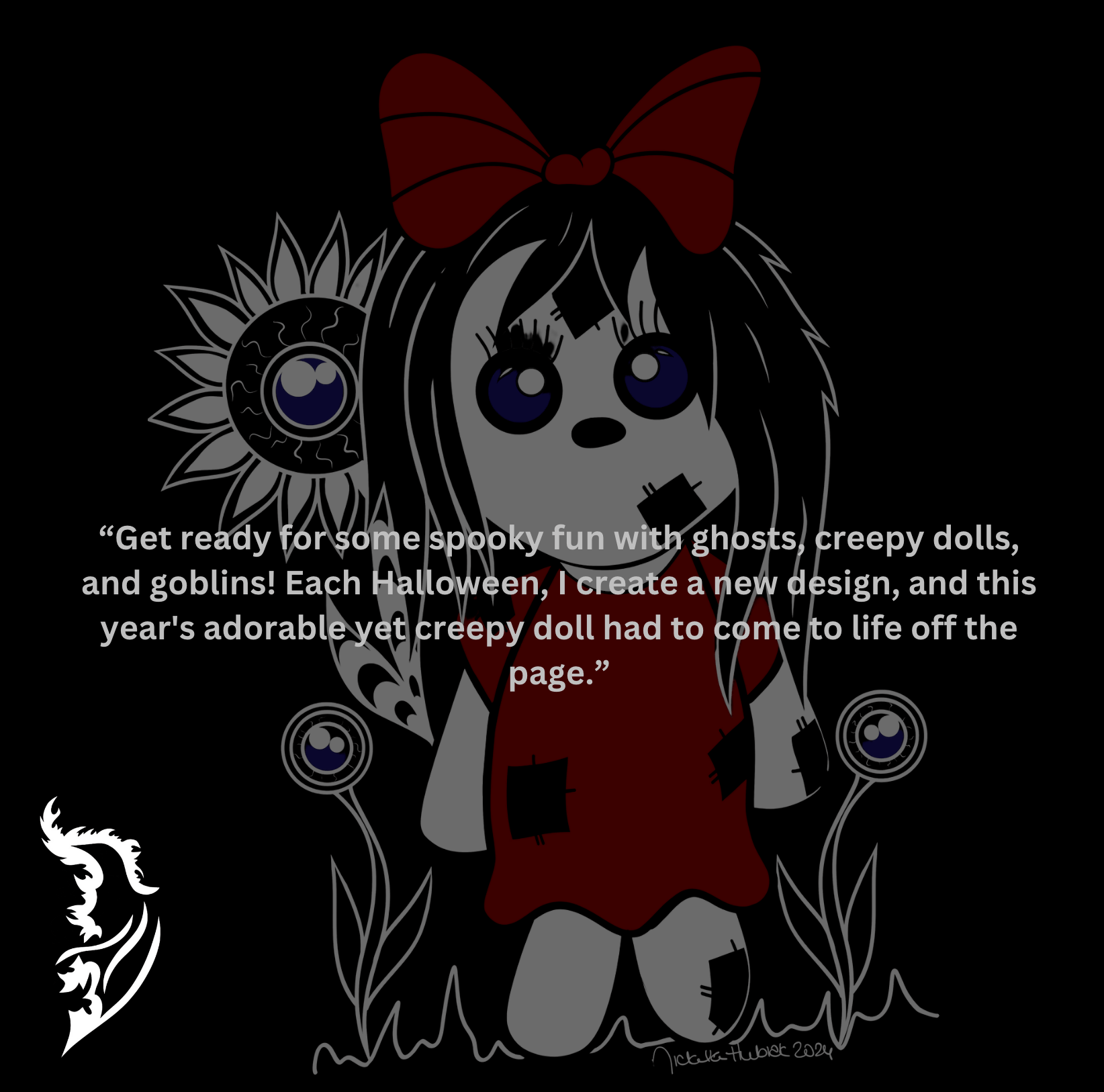 Get ready for some spooky fun with ghosts, creepy dolls, and goblins! Each Halloween, I create a new design, and this year's adorable yet creepy doll had to come to life off the page.