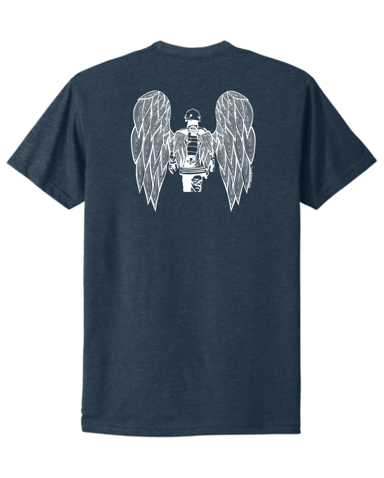 White Hand-drawn Fire Fighter with Angel Wings on back between shoulders - White American Flag on Right Sleeve