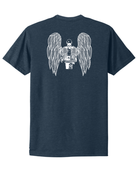 White Hand-drawn Fire Fighter with Angel Wings on back between shoulders - White American Flag on Right Sleeve