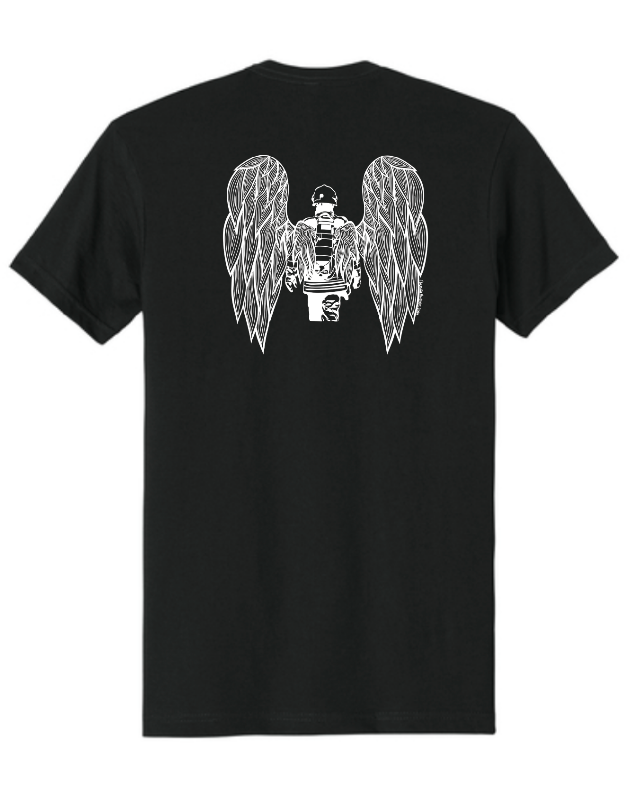 White Hand-drawn Fire Fighter with Angel Wings on back between shoulders - White American Flag on Right Sleeve