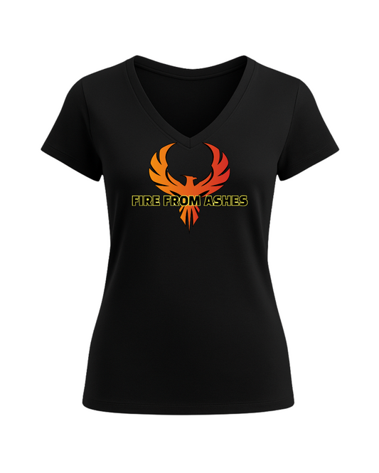 Black V-neck t-shirt with a phoenix design and 'Fire from Ashes' text on a white background