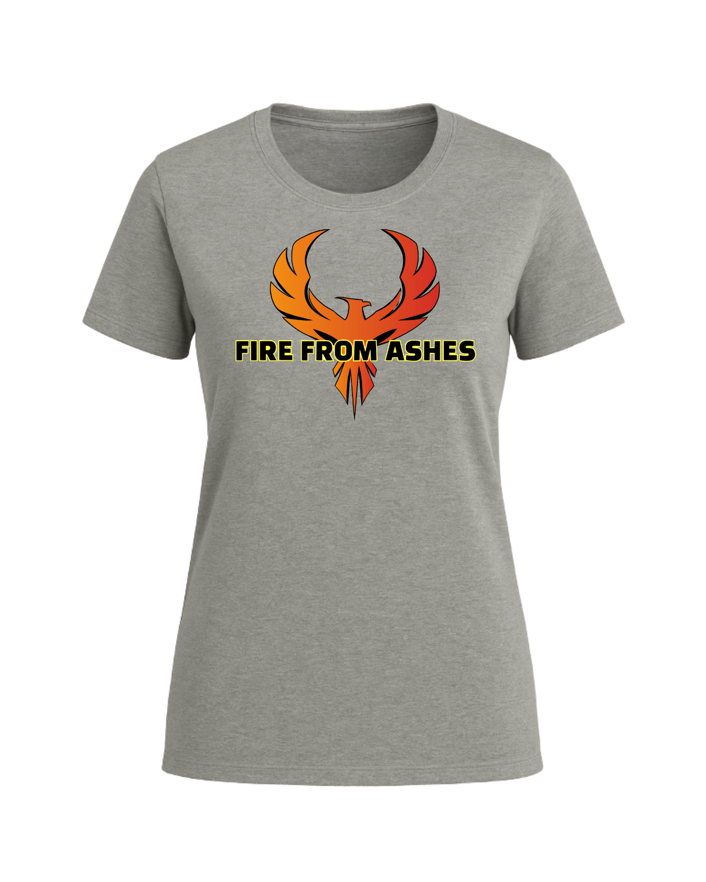 Gray t-shirt with a phoenix design and 'Fire from Ashes' text on a white background