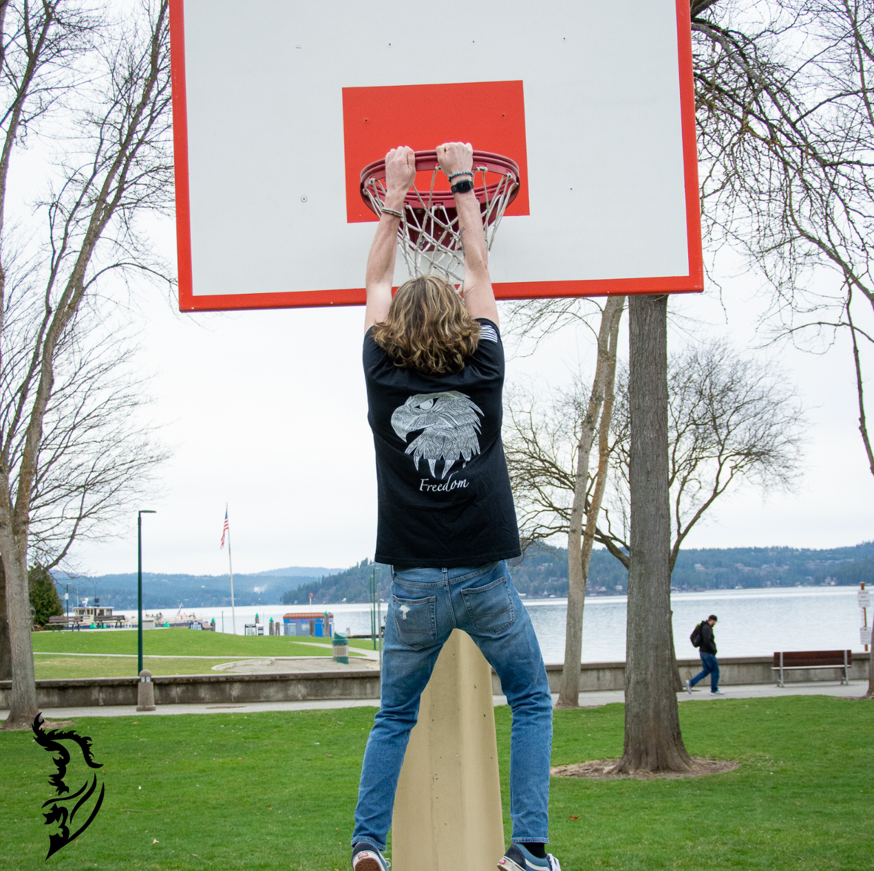 Hand-drawn eagle head with fine linework and 'Freedom' text featured on a black t-shirt, with brand logo on the chest.