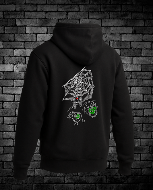 Hand-drawn spider web, spider and eyes of girl on back of hoodie