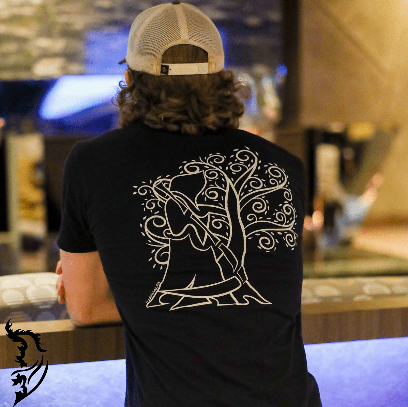 Lined hand-drawn design of Grim Reaper and Tree of Life