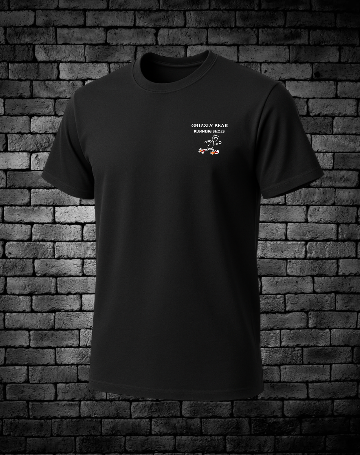 Grizzly Bear Running Shoes with Cartoon person running with flames coming off his tennis shoes logo on left chest