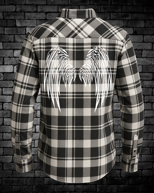 White and Black Plaid Flannel with Hand-drawn Angel Wings in White on Back