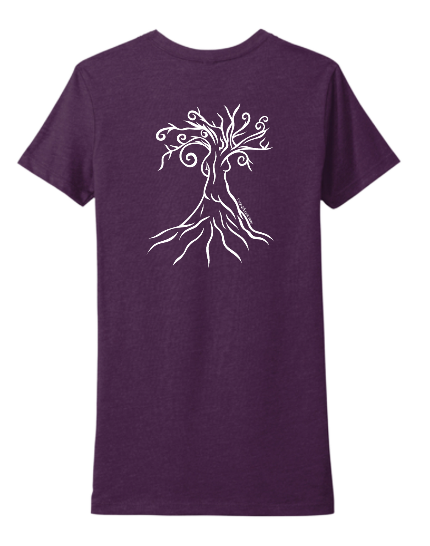 Plum T-shirt featuring a hand-drawn line art design of a woman within a tree on the back center.