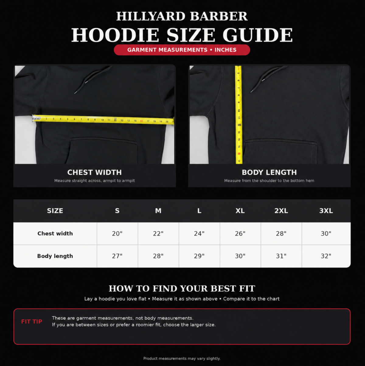 Hoodie size guide showing how to measure chest width and body length, with garment measurements from small through 3XL.