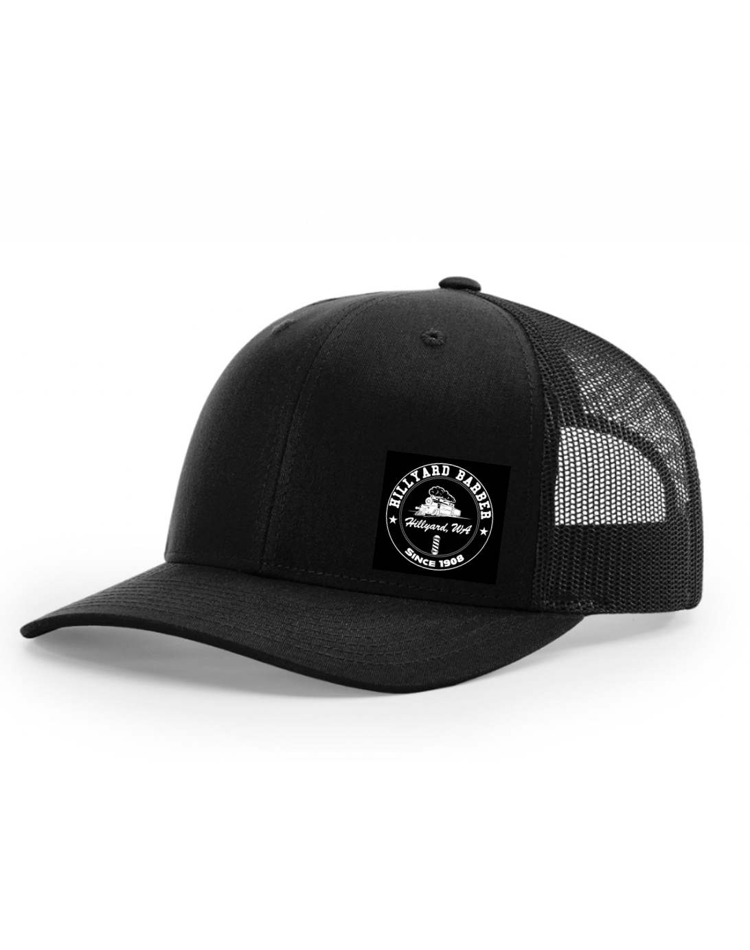 Black Richardson 112 trucker hat with a structured black front curved bill with white stitching, and the Hillyard Barber “Since 1908” logo printed on the front.