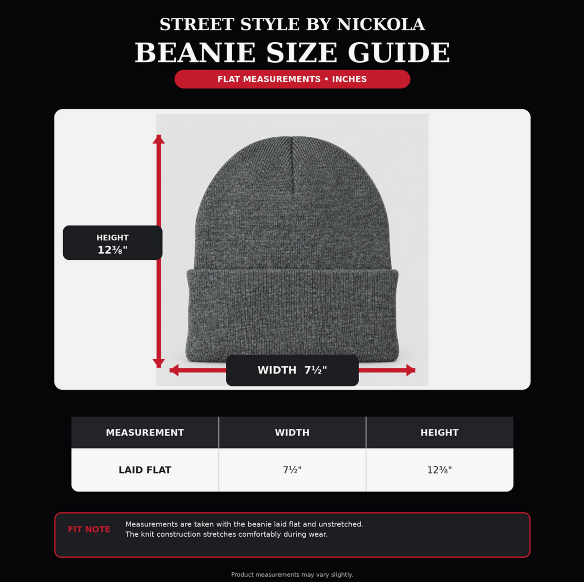 Beanie size guide showing flat measurements of 7½ inches wide and 12⅜ inches tall, with measurement arrows and fit information.