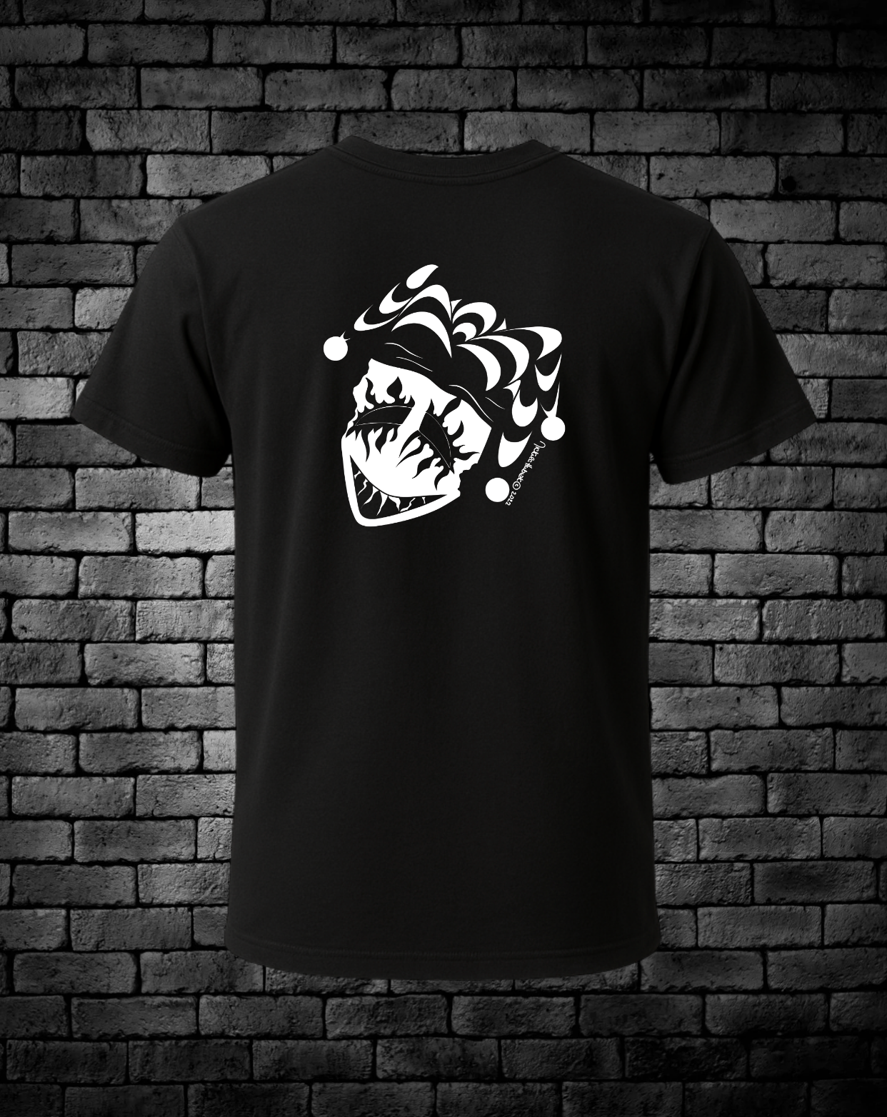 White Hand-drawn Joker Face on back of shirt