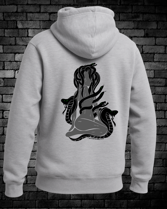 Hand-drawn Medusa with snakes in dark grey and black on back center of hoodie