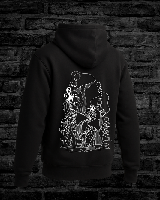 Black Hoodie with Hand-drawn design of mushroom and flowers