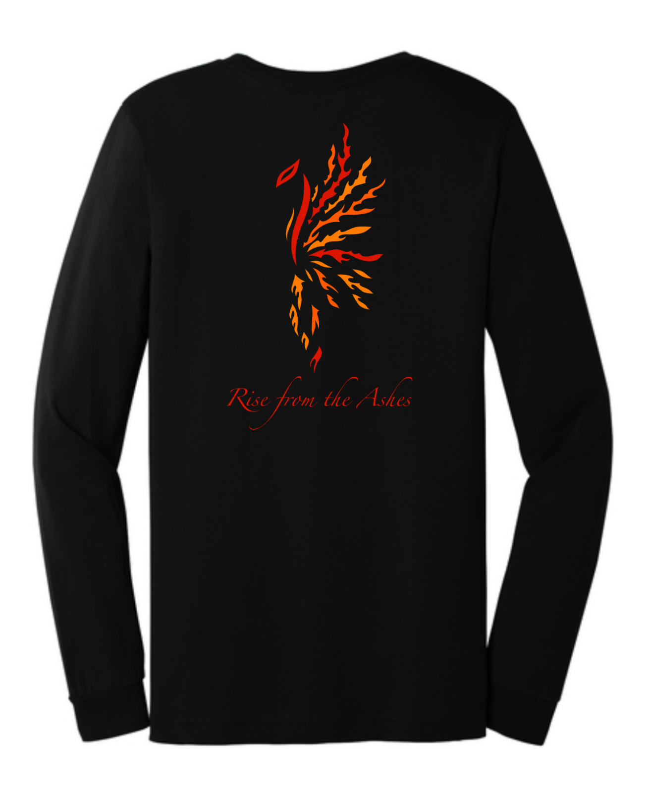 Red, Yellow and Orange hand-drawn Phoenix down back center of shirt with Rise from the Ashes written underneath