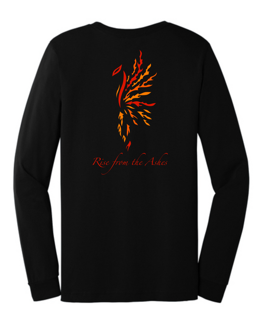 Red, Yellow and Orange hand-drawn Phoenix down back center of shirt with Rise from the Ashes written underneath