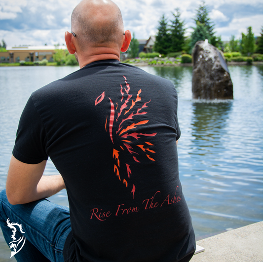 Hand-drawn Phoenix in Red, Orange and Yellow with Rise from the Ashes written below