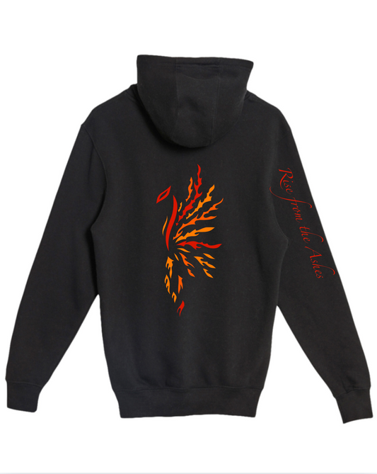 Hand-drawn Phoenix down center of back in dark reds, oranges & yellows. Rise from the Ashes down right sleeve
Colors will appear deeper on actual hoodie vs. photo