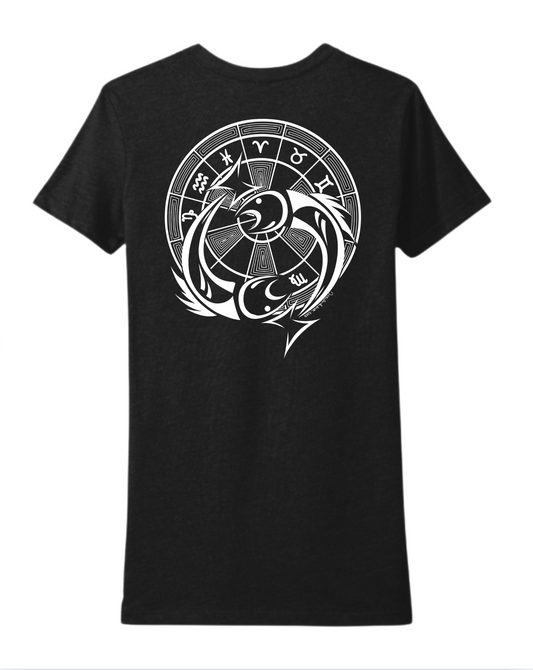 Black Ladies T-Shirt with Hand-drawn Pisces Design on back