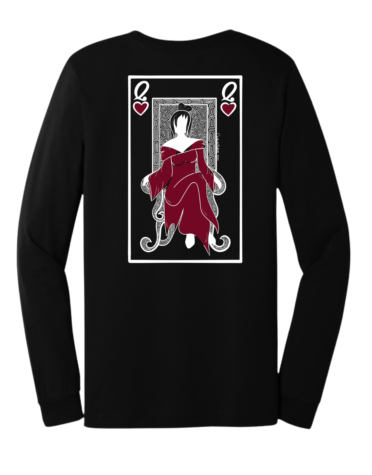 Queen dressed in red sitting on a throne. The letter "Q" above red heart.