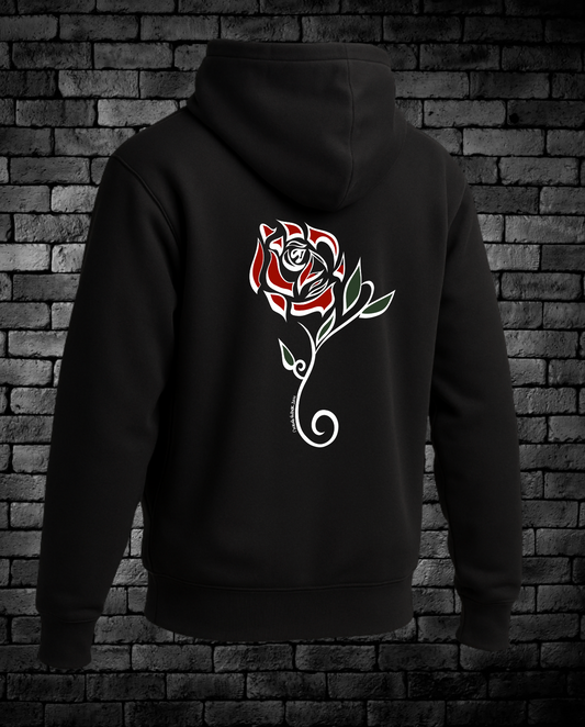 Red Rose with Stem down back center of hoodie 
Colors: Red, White and Green