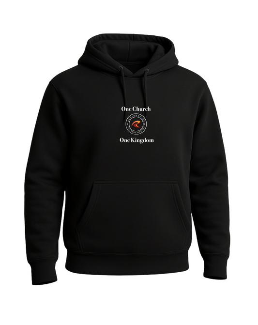 One Church One Kingdom logo on front center chest on black pullover hoodie