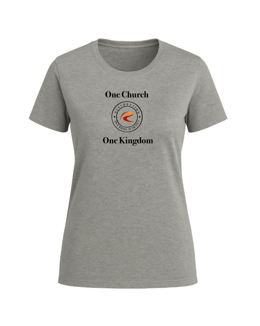 Gray t-shirt with 'One Church One Kingdom' text and logo on a white background