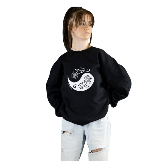 White & Black Rose Yin & Yang center front of sweatshirt