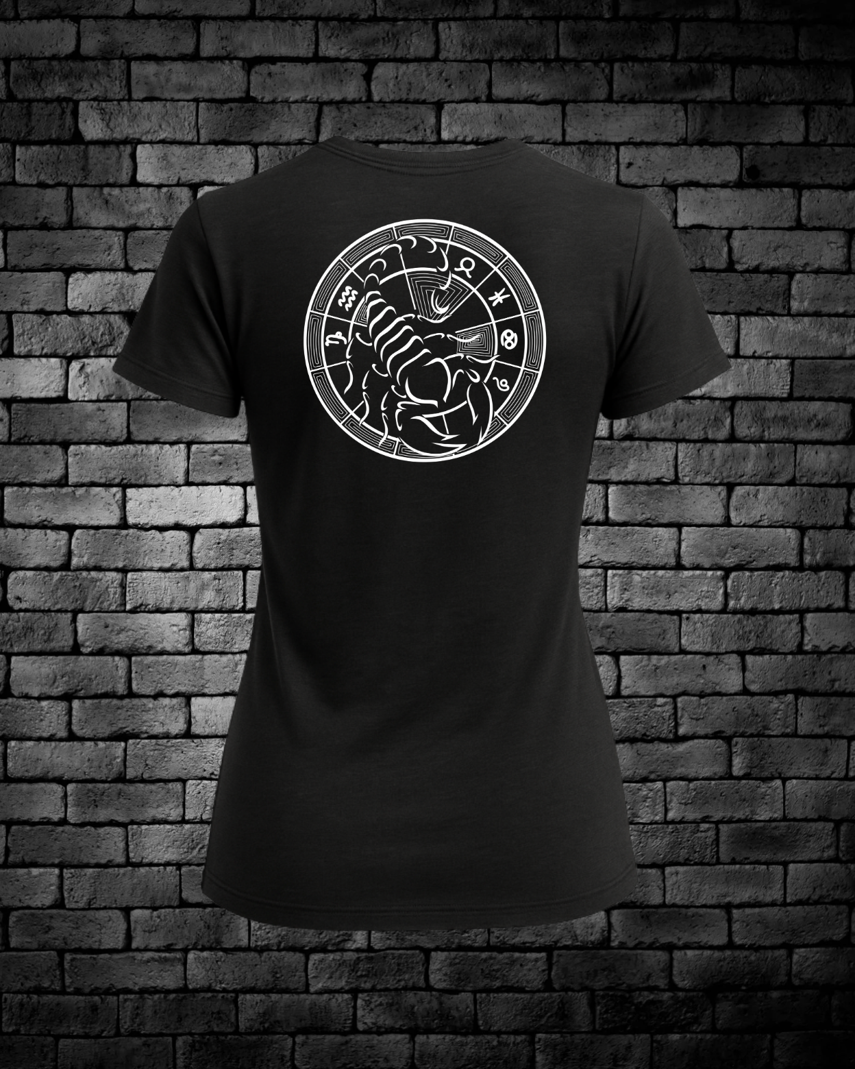 Black Ladies T-Shirt with a hand-drawn astrological design of the scorpio