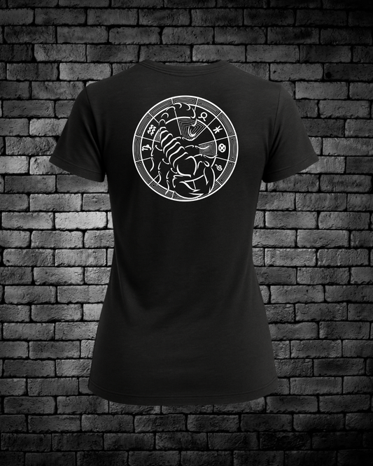 Black Ladies T-Shirt with a hand-drawn astrological design of the scorpio