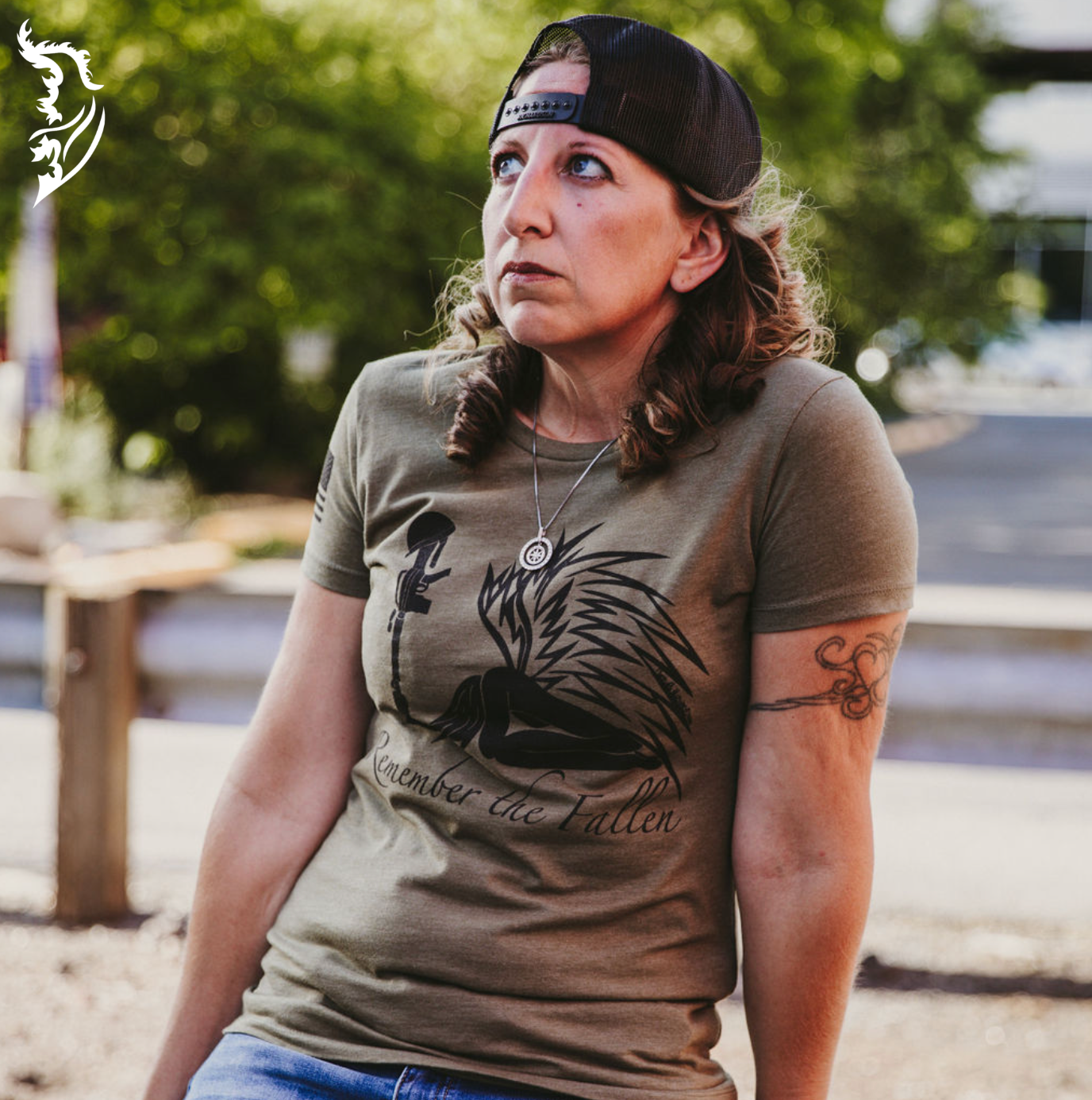 Front view of a ladies tee, with the powerful 'Remember the Fallen' angel design on the front.
