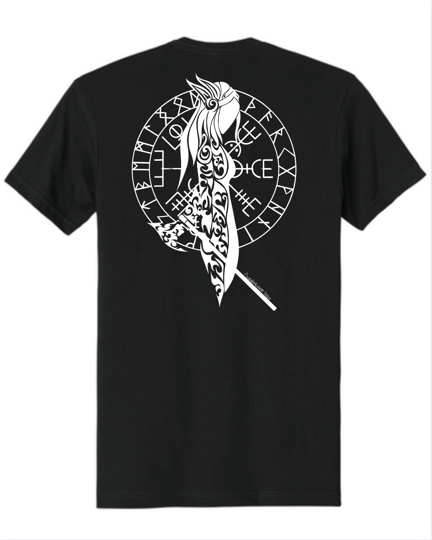 Hand-drawn Shield Maiden with Viking Compass back center
Design in White