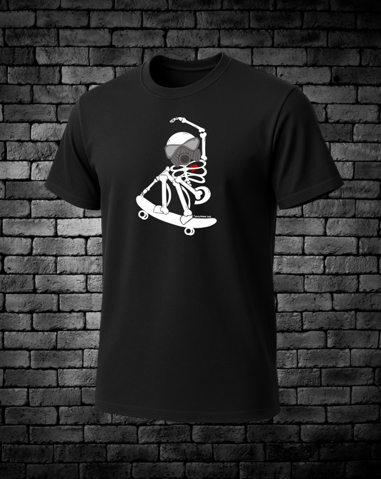 Hand-drawn Skeleton Skateboarding with a gas mask on. Red heart can be seen through his ribs