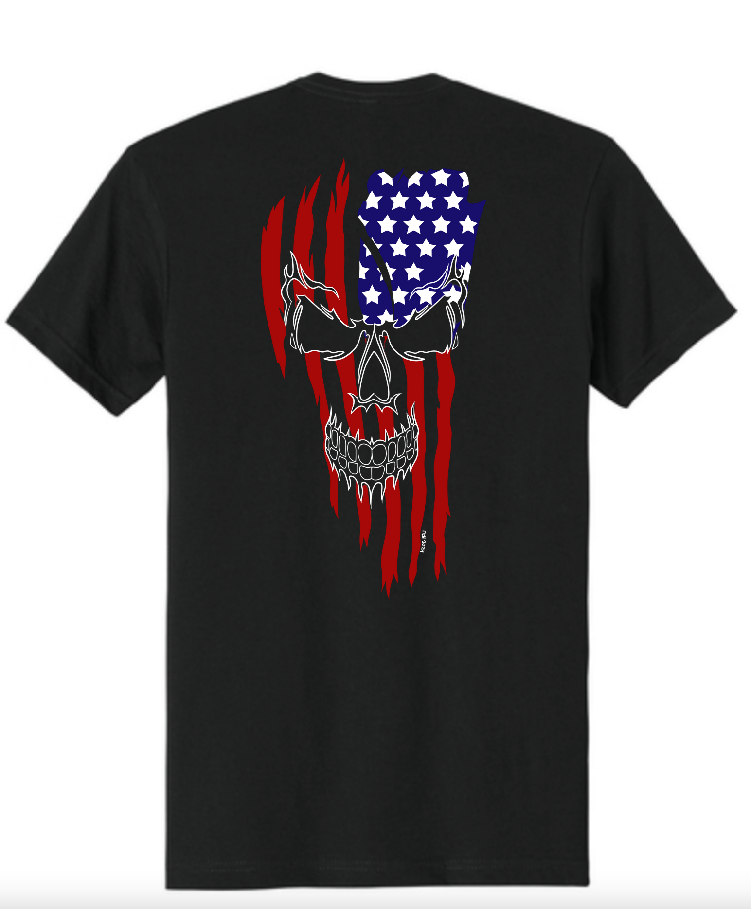 Hand-drawn Flag & Skull on Back of T-Shirt
Colors: Red, White & Blue