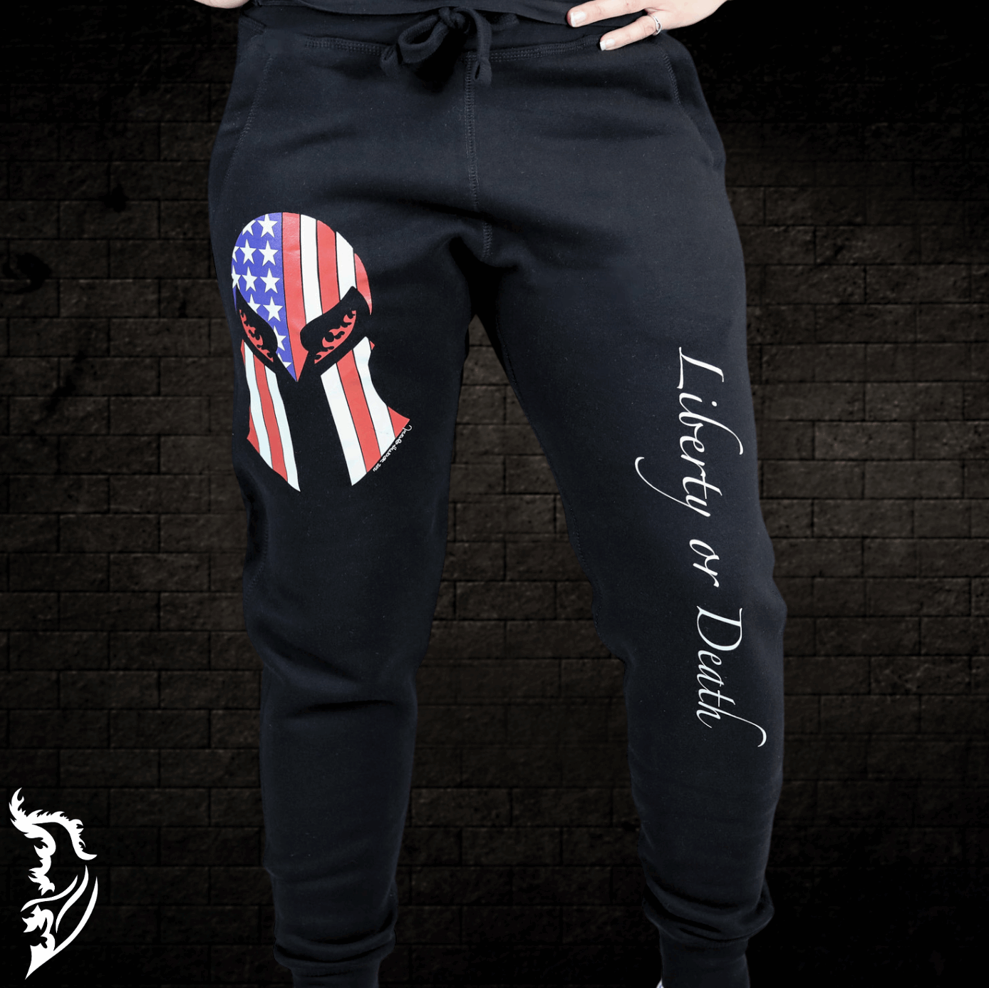 Hand-drawn Spartan helmet American Flag on left thigh and Liberty or Death written down right side