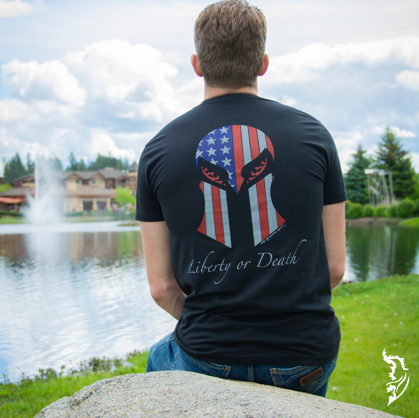 Back view of a men's tee featuring a hand-drawn Spartan helmet masked by the American flag and 'Liberty or Death' text for a bold, patriotic statement.